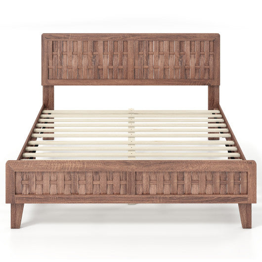 Mid Century Queen Size Bed Frame with Woven Accent Headboard-Natural