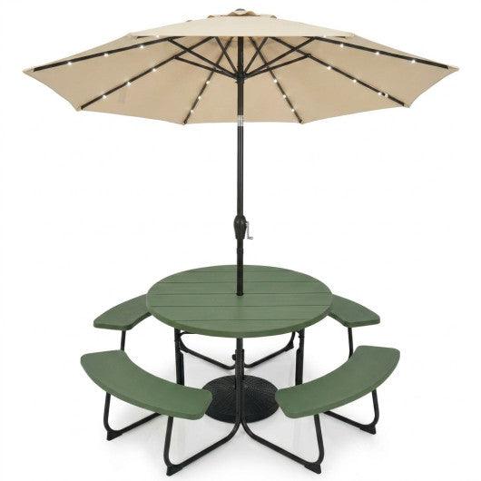 3-Piece Round Picnic Table Set with 10FT Solar LED Tilt Umbrella and Base for Patio Backyard