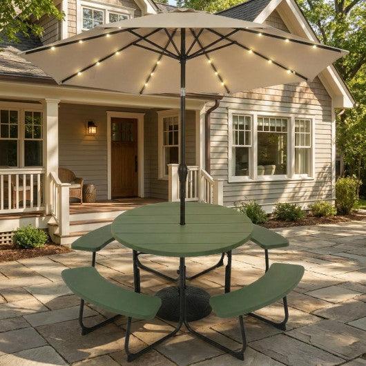 3-Piece Round Picnic Table Set with 10FT Solar LED Tilt Umbrella and Base for Patio Backyard