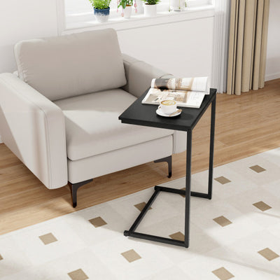 C-Shaped Side Table Sofa Snack End Table with Metal Frame-Black