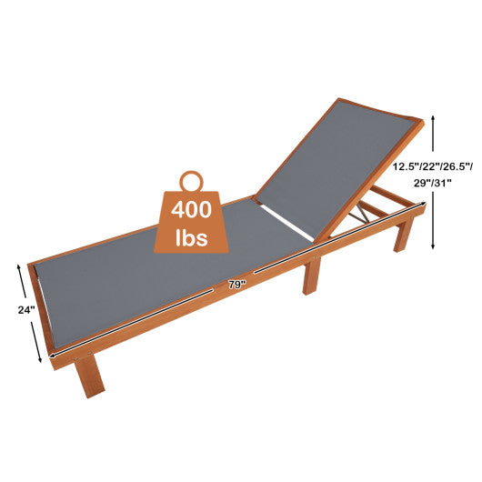 Adjustable Outdoor Wood Chaise Lounge Chair with 5-Postion Backrest-Gray