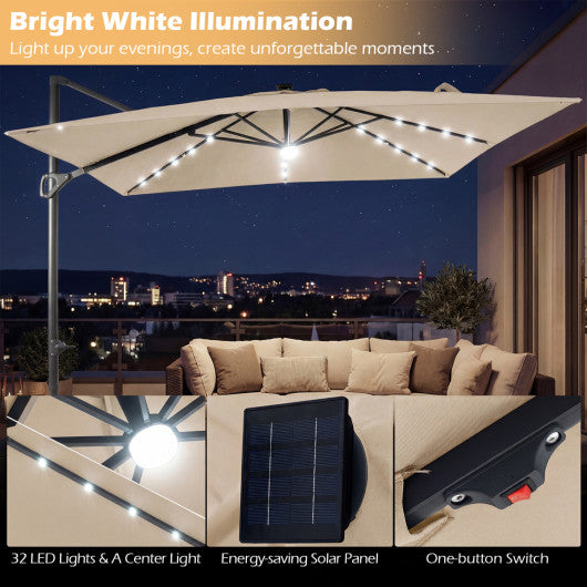 10 FT Cantilever Patio Umbrella with 32 Solar LED Lights and 220 LBS Base-Beige
