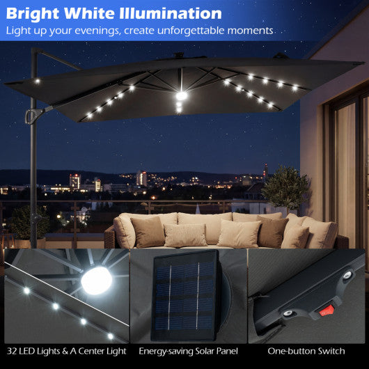 10 FT Cantilever Patio Umbrella with 32 Solar LED Lights and 220 LBS Base-Gray