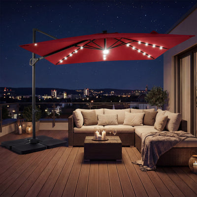 10 FT Cantilever Patio Umbrella with 32 Solar LED Lights and 220 LBS Base-Red