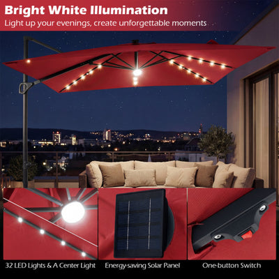 10 FT Cantilever Patio Umbrella with 32 Solar LED Lights and 220 LBS Base-Red