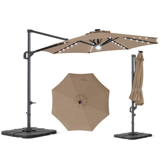 10 FT Cantilever Patio Umbrella with 35 Solar LED Lights and 220 LBS Base-Brown