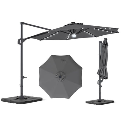 10 FT Cantilever Patio Umbrella with 35 Solar LED Lights and 220 LBS Base-Gray
