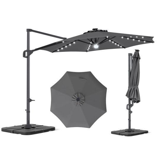 10 FT Cantilever Patio Umbrella with 35 Solar LED Lights and 220 LBS Base-Gray