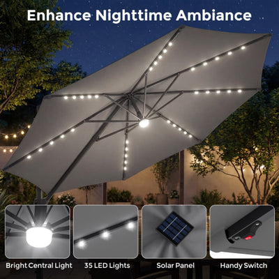 10 FT Cantilever Patio Umbrella with 35 Solar LED Lights and 220 LBS Base-Gray