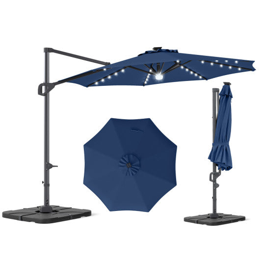 10 FT Cantilever Patio Umbrella with 35 Solar LED Lights and 220 LBS Base-Dark Blue