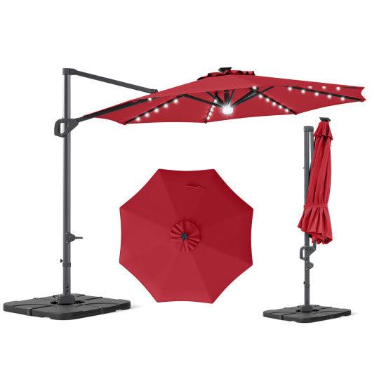 10 FT Cantilever Patio Umbrella with 35 Solar LED Lights and 220 LBS Base-Red