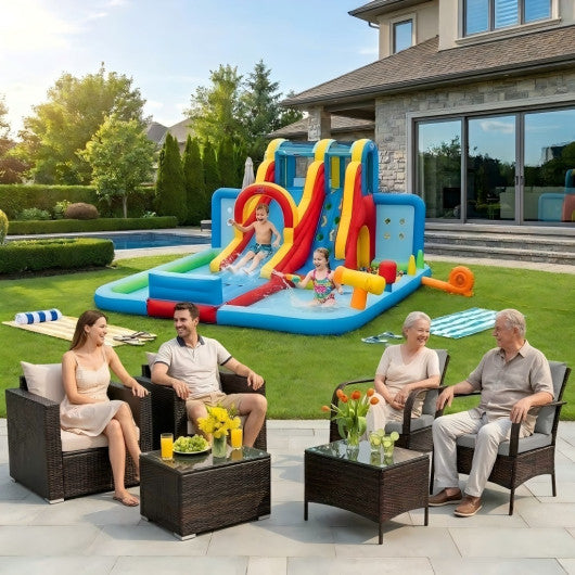 Ultimate Backyard Summer Oasis Set: 6-Pc Patio Rattan Furniture  Inflatable Water Slide Park with 680W Blower