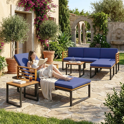 7-Piece Acacia Wood Patio Furniture Set with Adjustable Chaise Lounge Chair and Conversation Sofa Set
