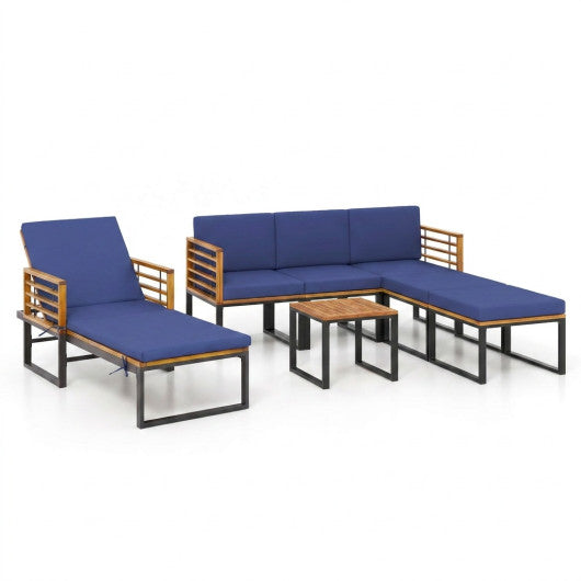 7-Piece Acacia Wood Patio Furniture Set with Adjustable Chaise Lounge Chair and Conversation Sofa Set