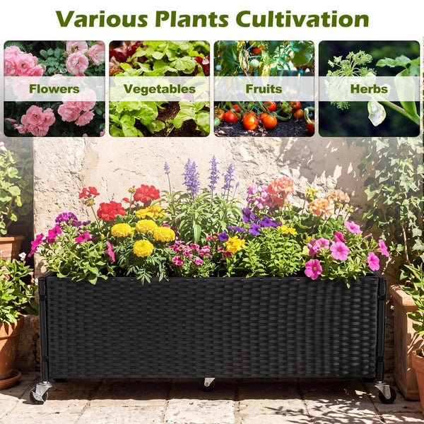 Raised Garden Bed Set of 2 with Wheels and PE Rattan