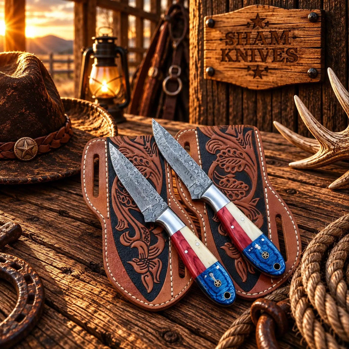 Custom Damascus Cowboy Skinner Knife Set – USA Flag Handles & Sheaths