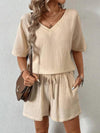 V-Neck Half Sleeve Top and Shorts Set - Tan / S