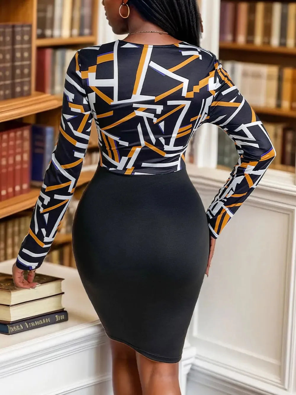 V-neck high waist slim fit hip hugging skirt geometric long sleeved women's dress