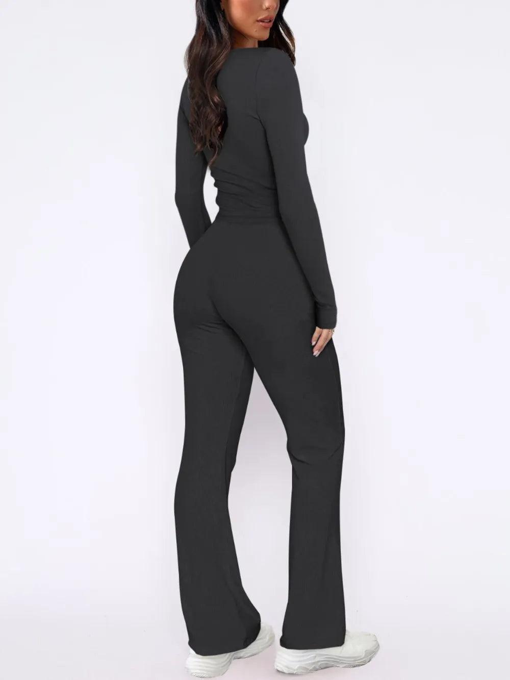 V-Neck Long Sleeve Top and Pants Set