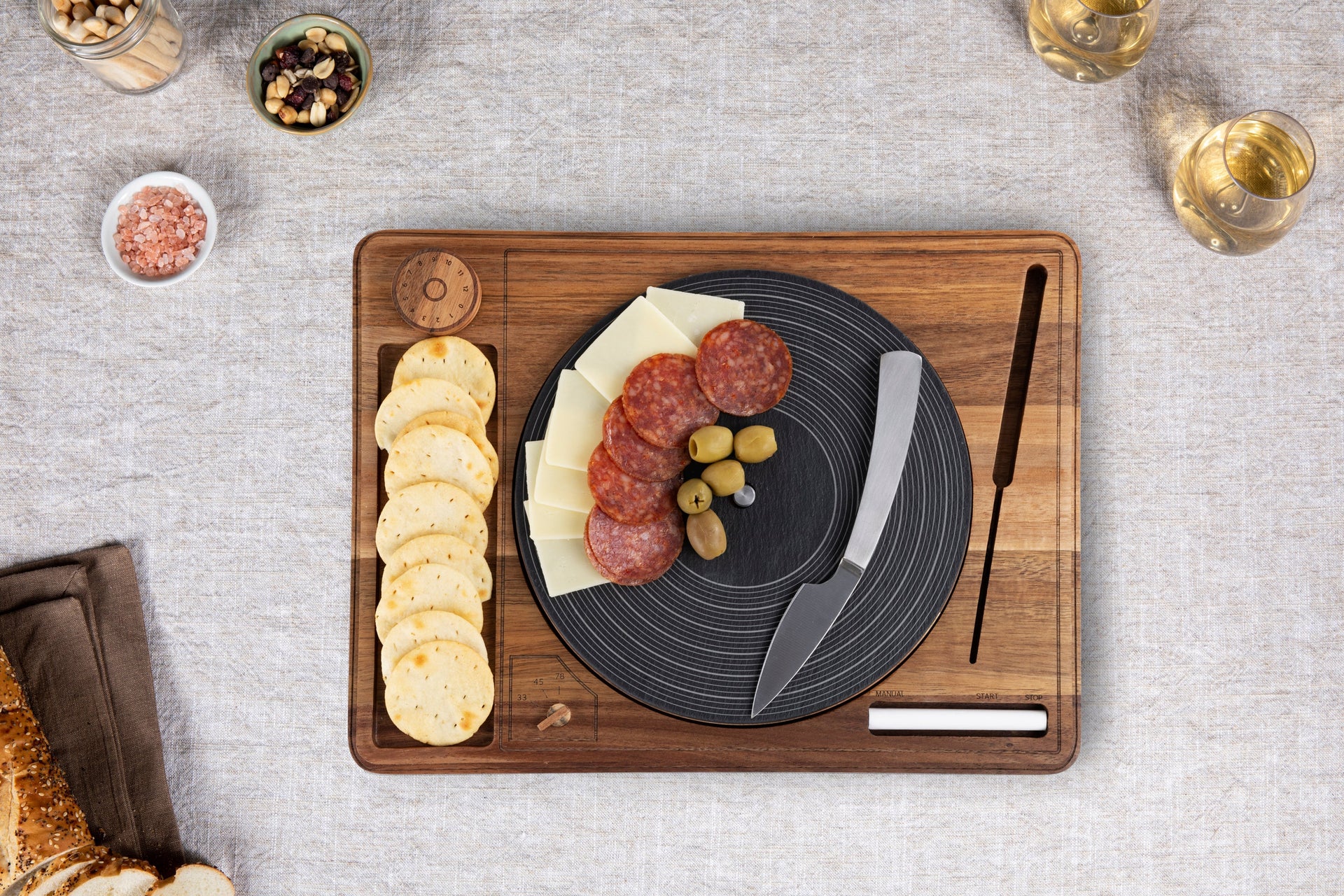 Turntable Acacia and Slate Cheese Board with Knife Picnic Time Family of Brands