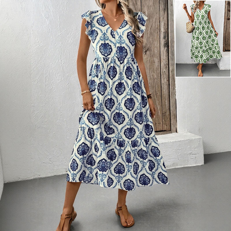 Vacation style loose deep V-neck printed long dress
