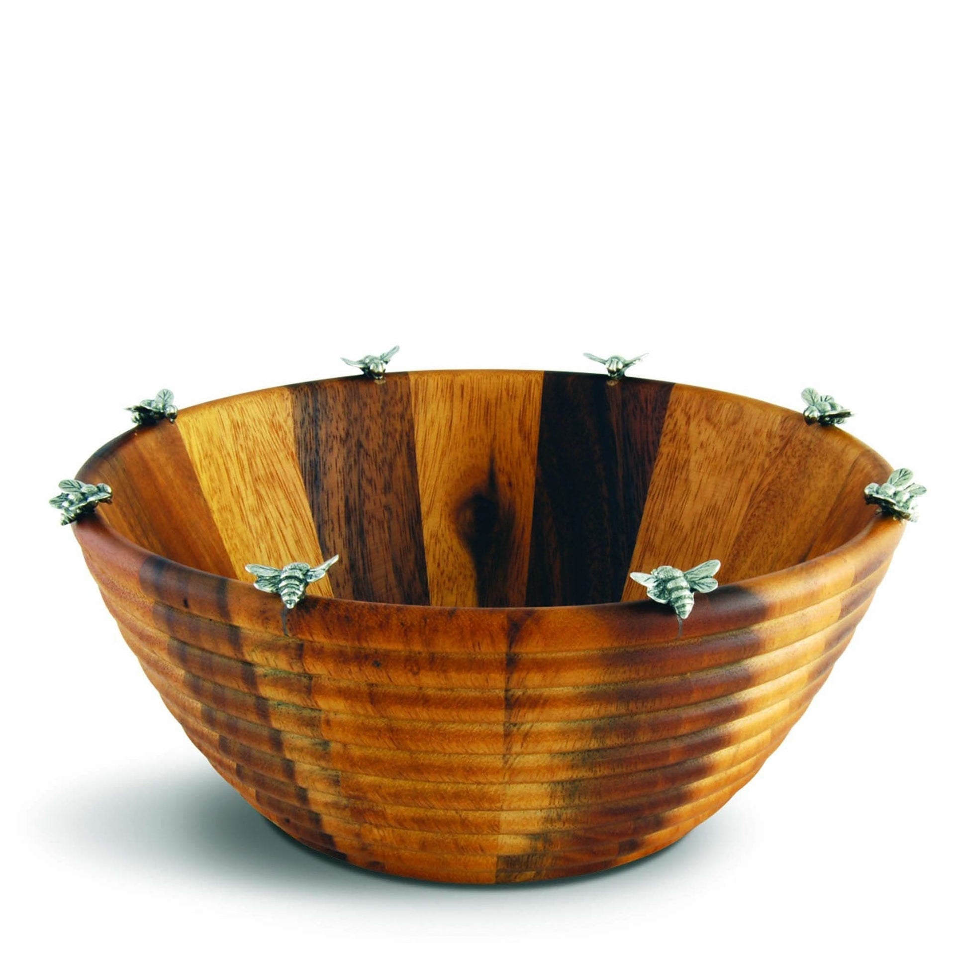 Wooden bowl with a striped pattern and decorative elements on a white background