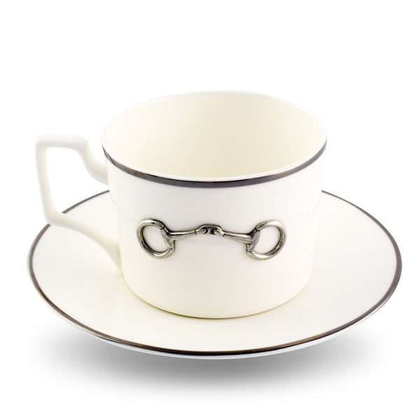 Pewter Bit Bone China Cup and Saucer Platinum Rim