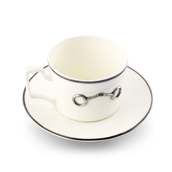 Pewter Bit Bone China Cup and Saucer Platinum Rim