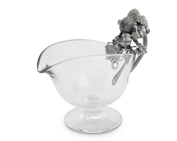 Hand Blown Glass Gravy Boat Pewter Harvest Turkey