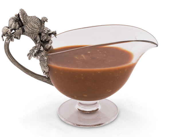 Hand Blown Glass Gravy Boat Pewter Harvest Turkey