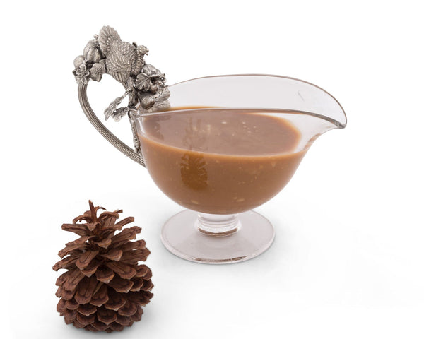 Hand Blown Glass Gravy Boat Pewter Harvest Turkey