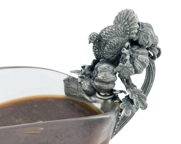 Hand Blown Glass Gravy Boat Pewter Harvest Turkey