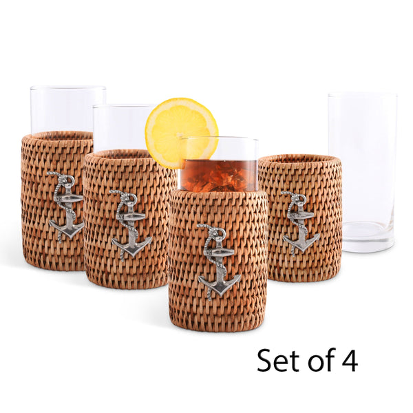 Anchor Drinking Glass Covered with Hand Woven Wicker Rattan - Set of 4