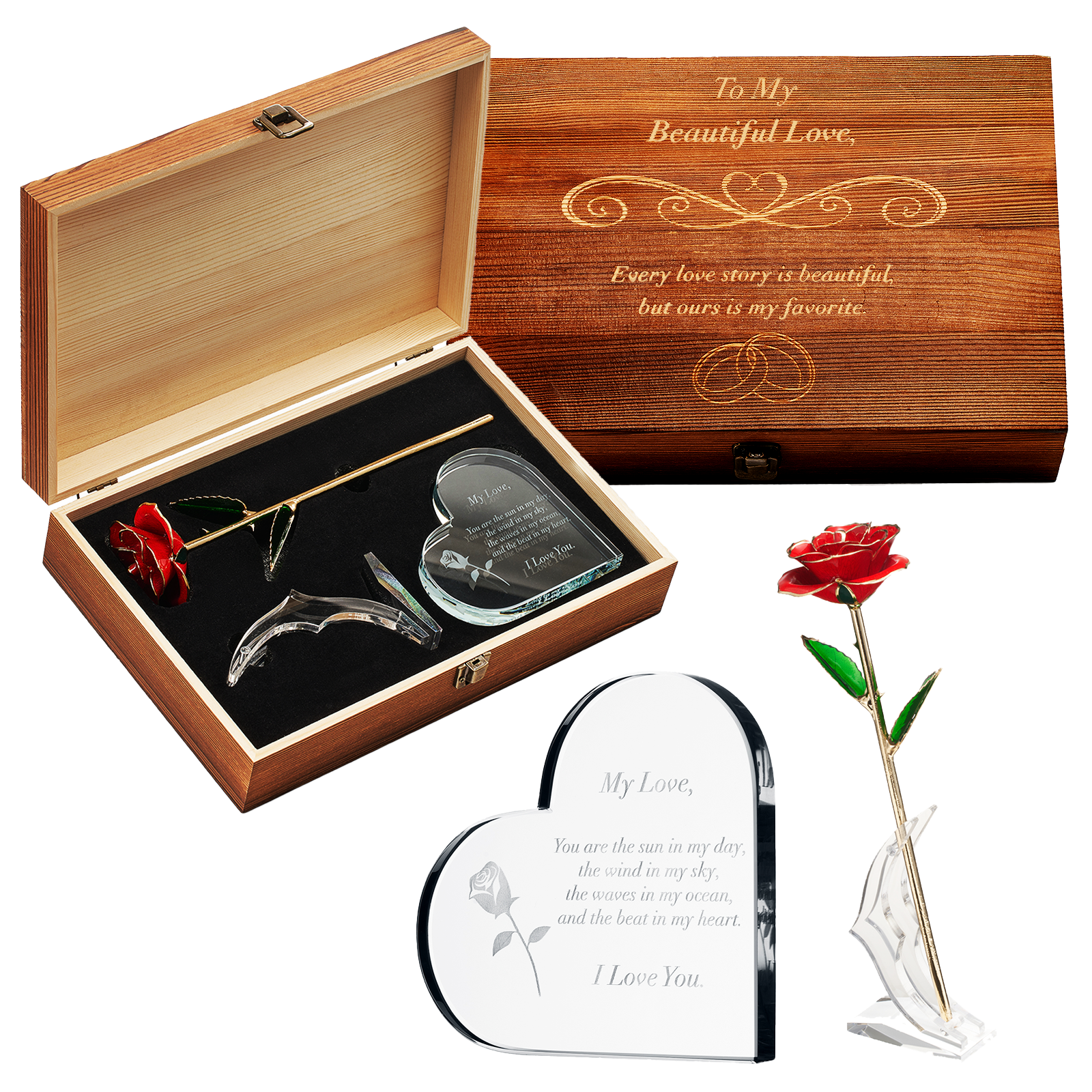 Anniversary, Birthday & Everyday 24K Gold Rose Love Box for Wife, Her, Women - Engraved Wooden Set 'To My Beautiful Love' Inscription, Includes Crystal Heart - For Birthday 1st Anniversaries