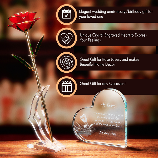 Anniversary, Birthday & Everyday 24K Gold Rose Love Box for Wife, Her, Women - Engraved Wooden Set 'To My Beautiful Love' Inscription, Includes Crystal Heart - For Birthday 1st Anniversaries