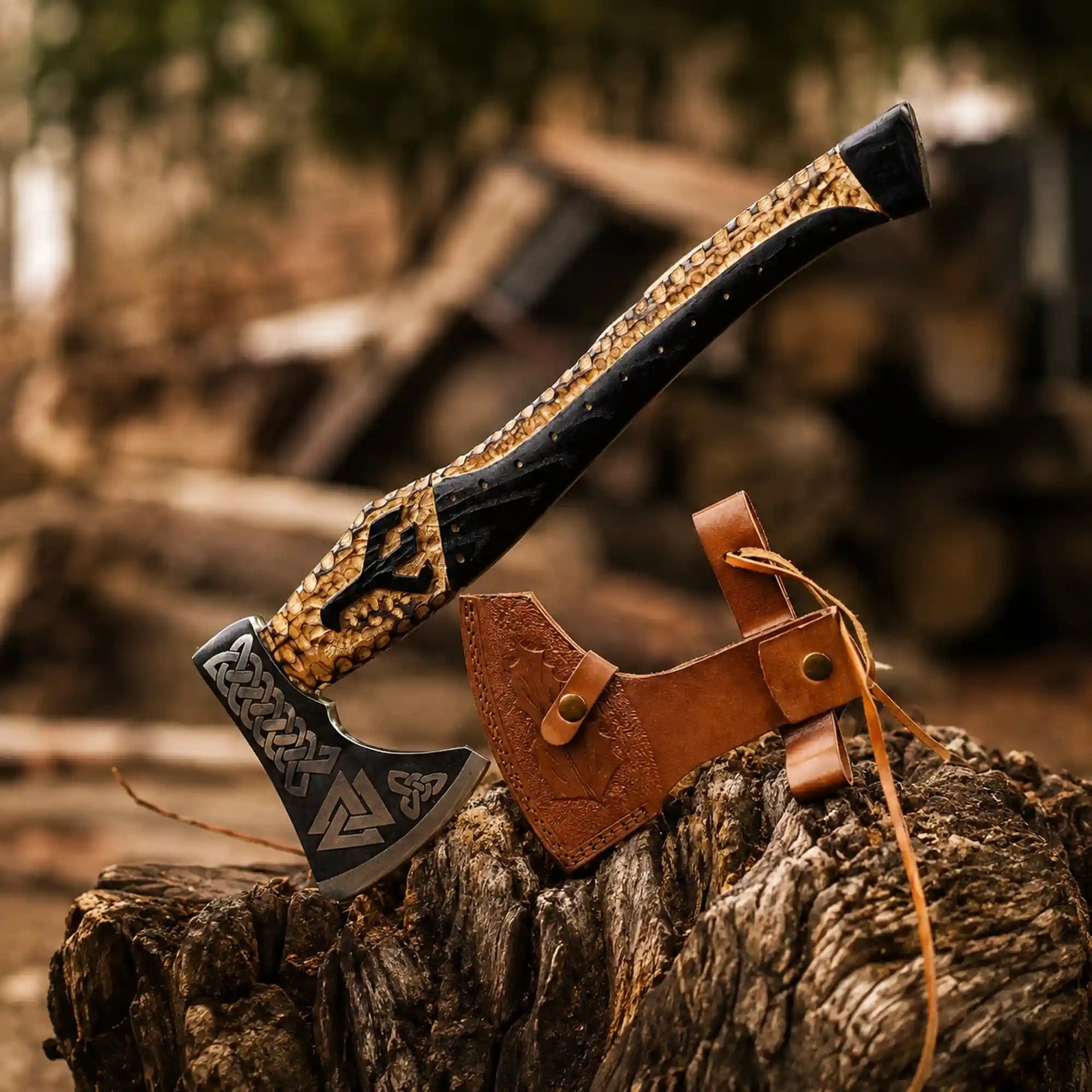 Valknut Viking Axe – Hand-Forged 1075 Steel Bearded Axe, Carved Ash Handle