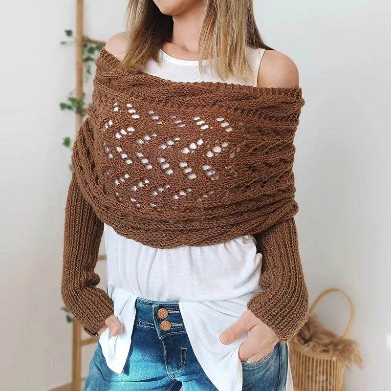 Bohemian Braided Crochet Sweater Scarf with Sleeves for Women