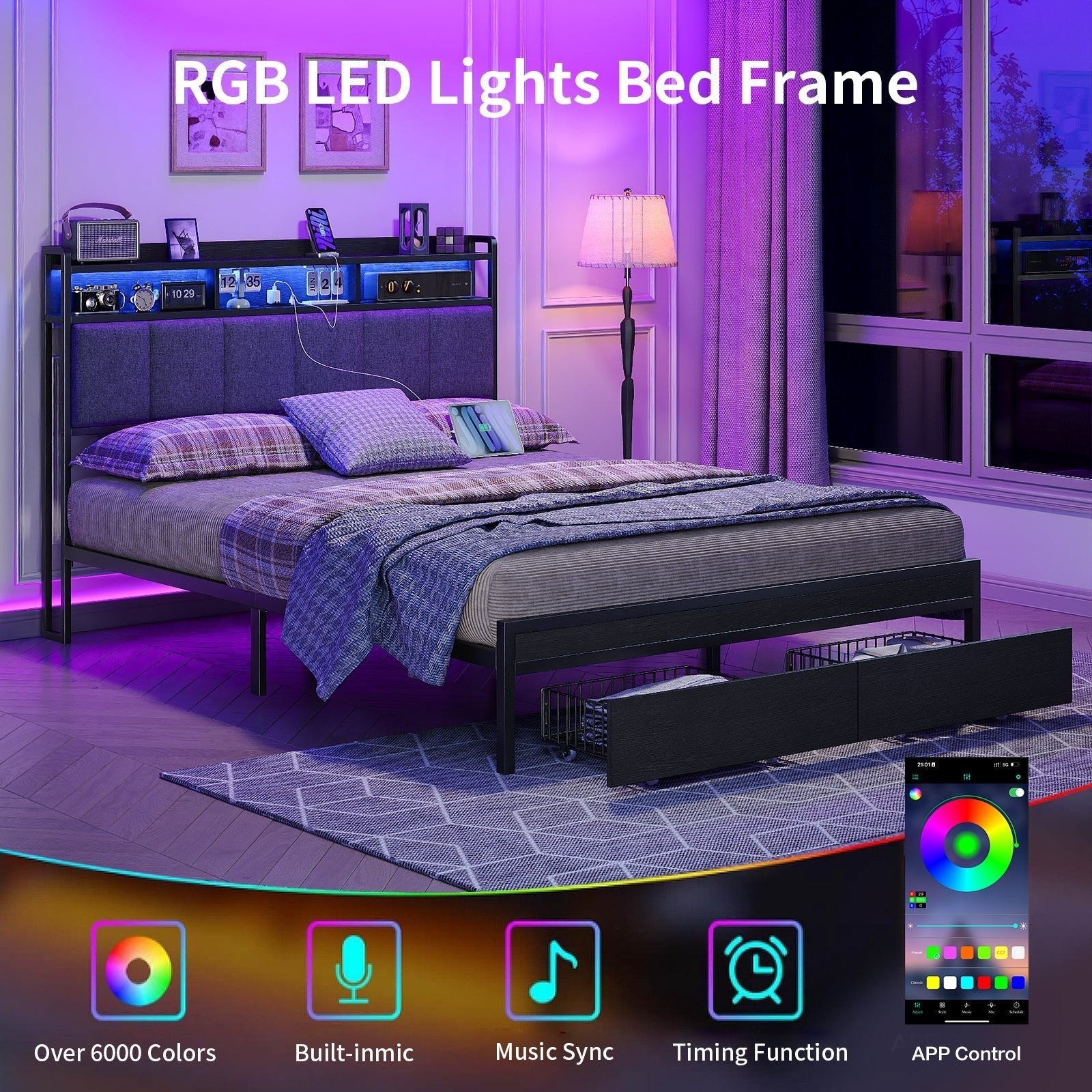 Full RGB LED Bed Frame with RGB LED, USB Charging, Storage Drawers, No Box Spring Needed Black - Vektaya