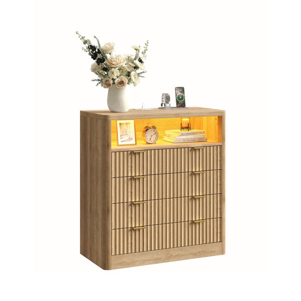 Vektaya US-NS009-NR Fluted Nightstand with LED & Charging Station, 4-Drawer Bedroom Storage, Oak Yanosaku Sotre