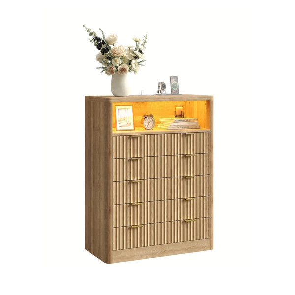 Vektaya US-NS010-NR Fluted Nightstand with LED & Charging Station, 5-Drawer Tall Organizer, Oak
