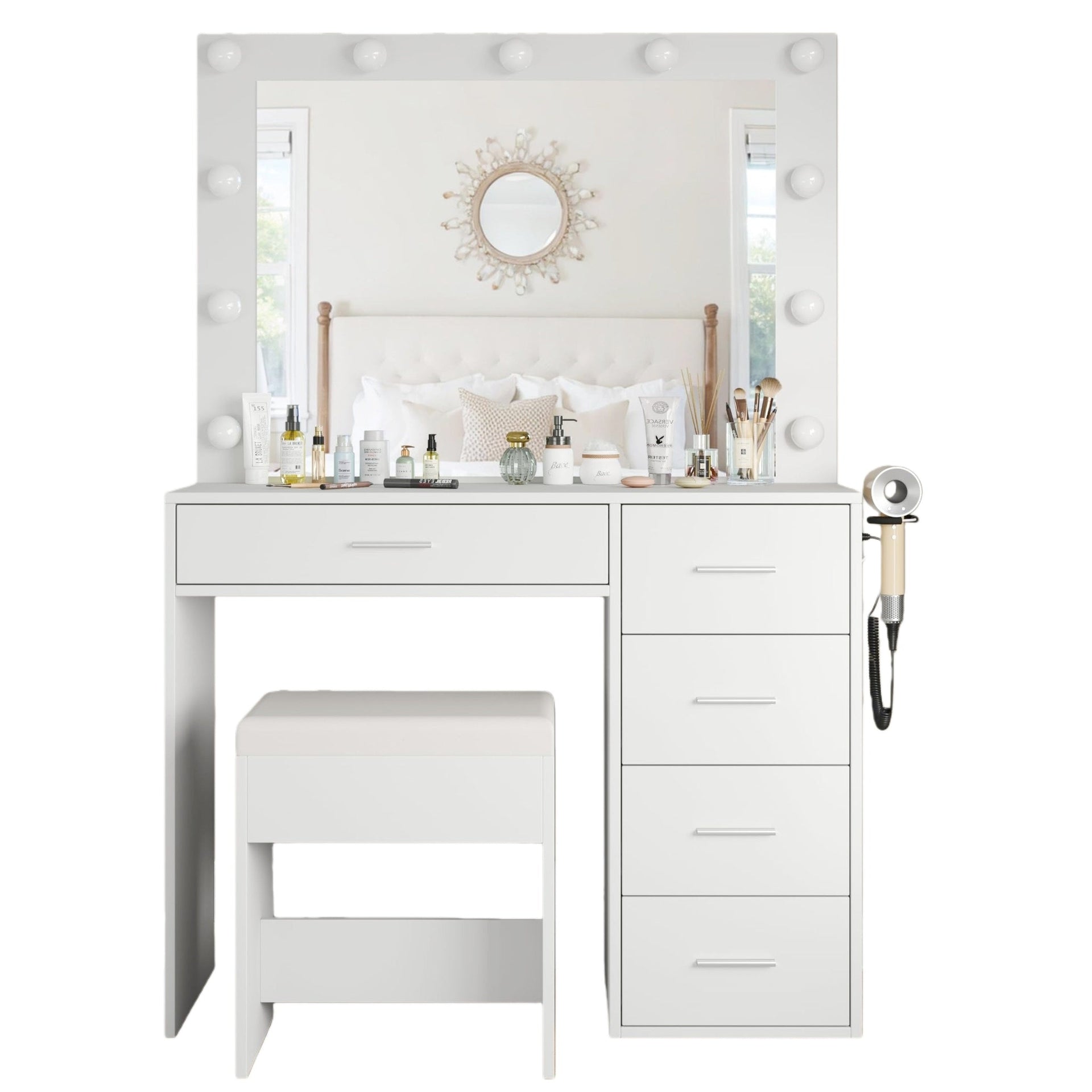 Vektaya US-VD001 Bedroom Makeup Vanity desk with LED Mirror, 5 Drawers Yanosaku Sotre