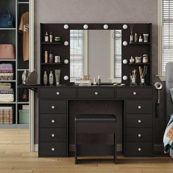 11-Drawer LED Mirror Vanity Desk - Vektaya