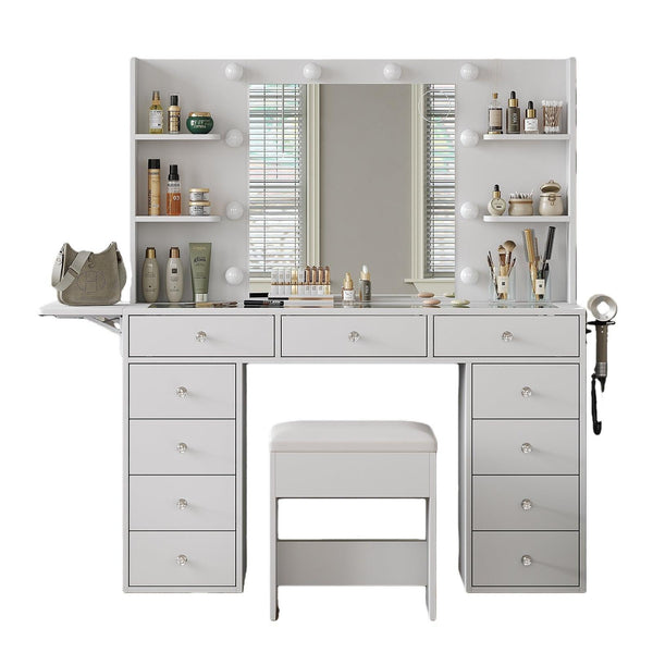 11-Drawer LED Mirror Vanity Desk - Vektaya