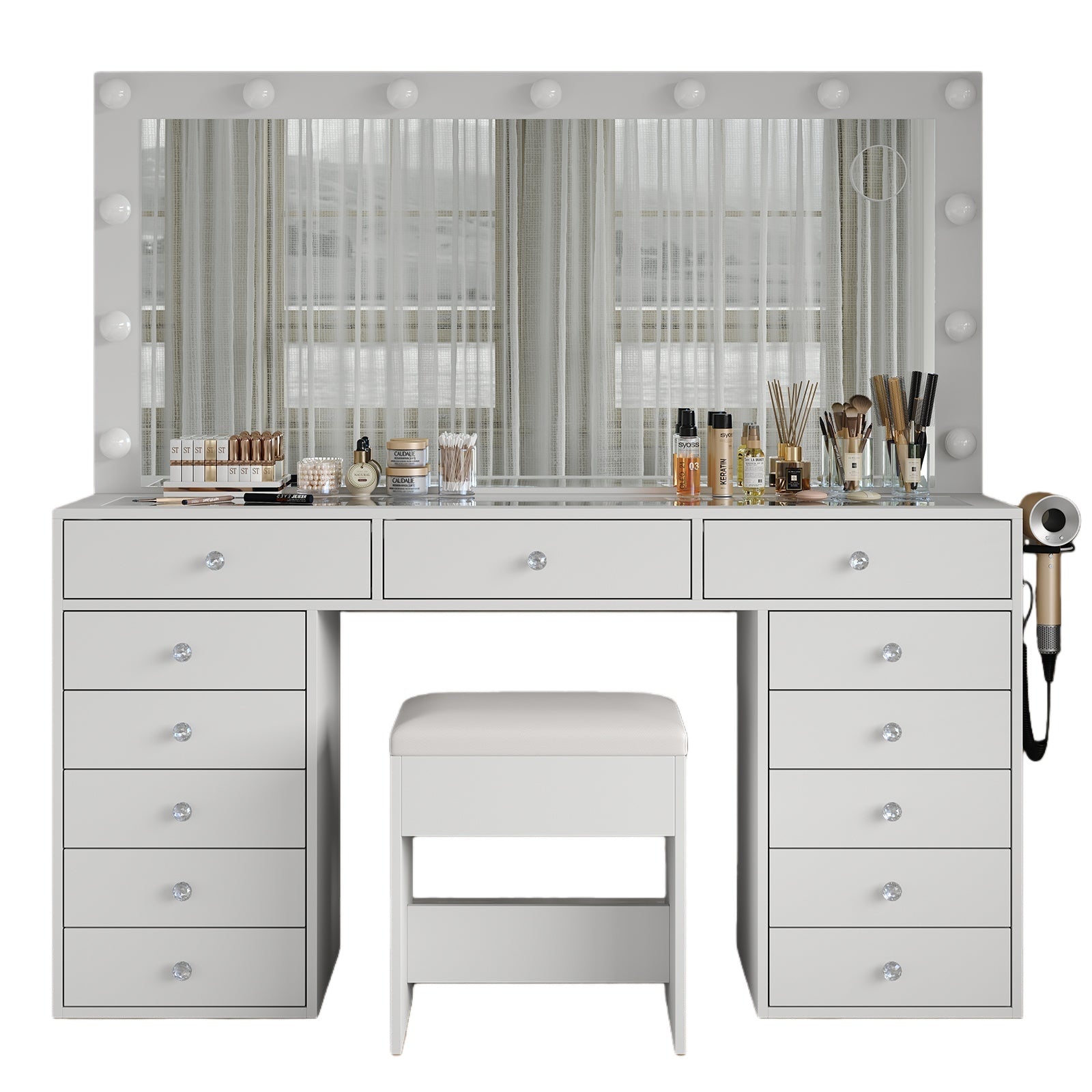 Vektaya US-VD016 Bedroom Makeup Vanity desk with LED Mirror, 13 Drawers Yanosaku Sotre