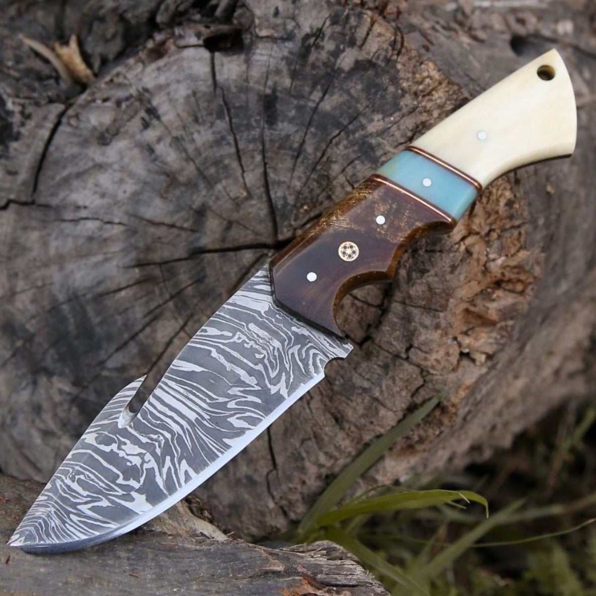 Velar Damascus Gut Hook Hunting Knife with Rose Wood and Bone Handle