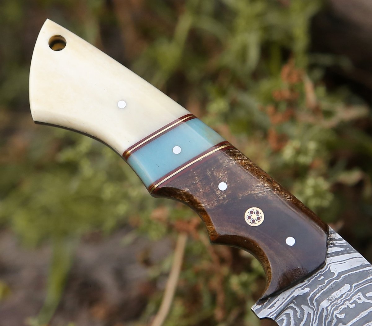 Velar Damascus Gut Hook Hunting Knife with Rose Wood and Bone Handle
