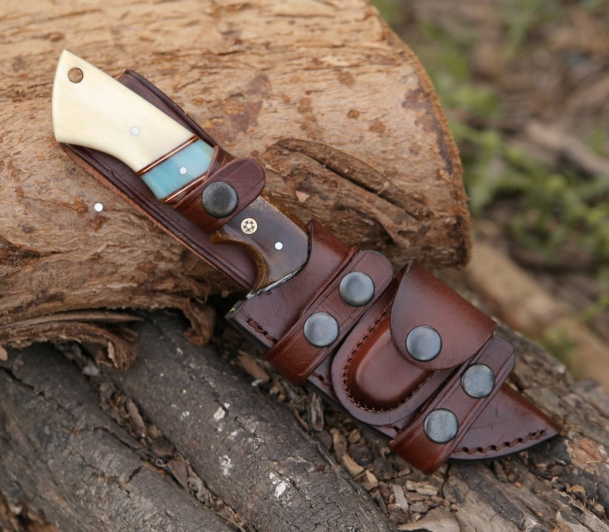 Velar Damascus Gut Hook Hunting Knife with Rose Wood and Bone Handle