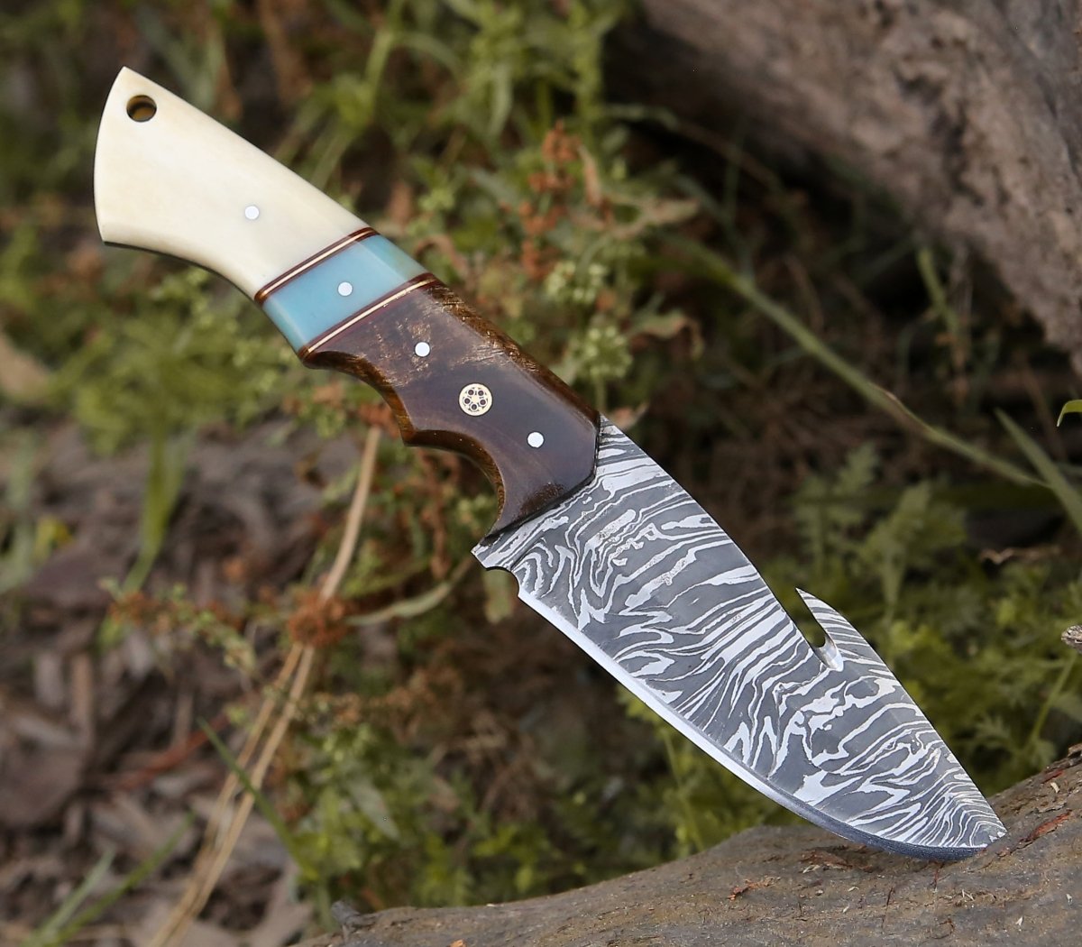 Velar Damascus Gut Hook Hunting Knife with Rose Wood and Bone Handle