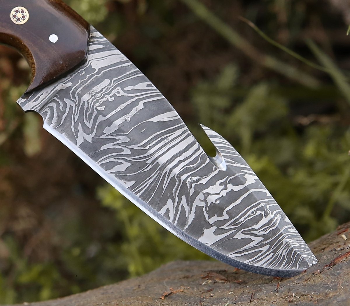 Velar Damascus Gut Hook Hunting Knife with Rose Wood and Bone Handle