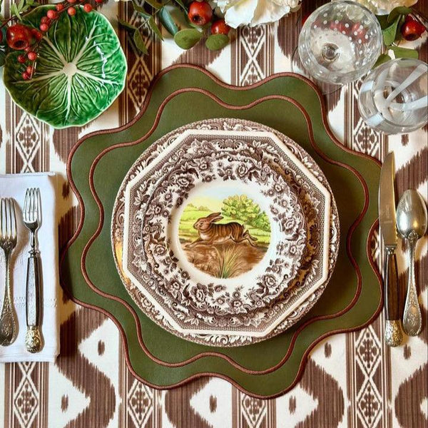 HAVEN DARK GREEN BROWN TRIM WAVY EDGE FAUX LEATHER PLACEMAT